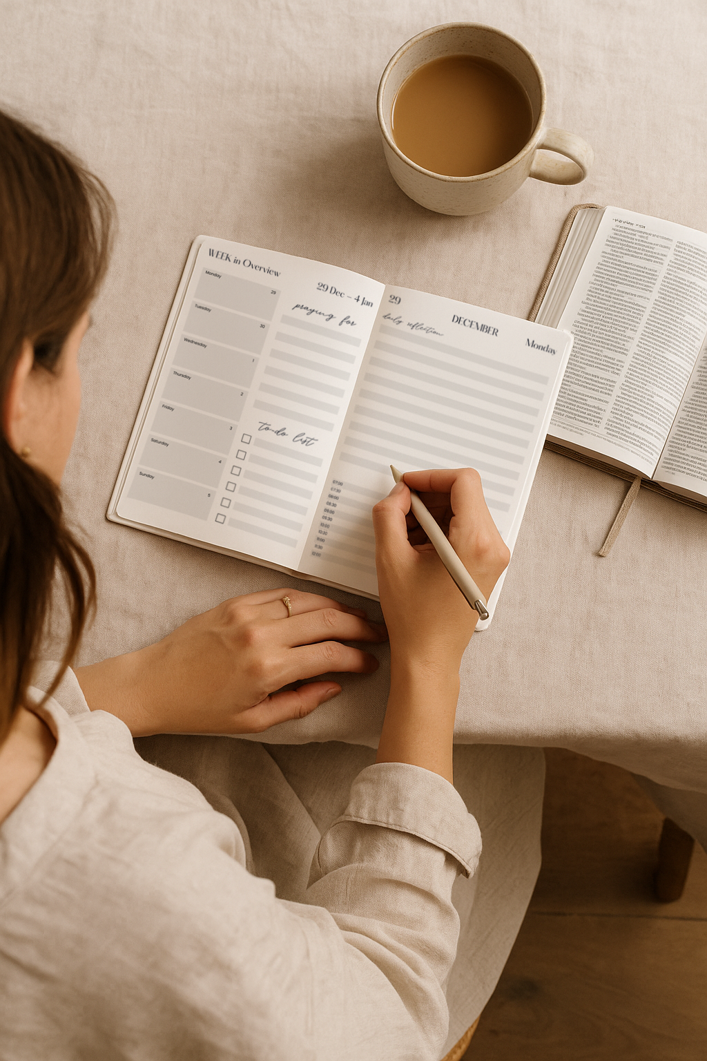 Person writing in a planner with a cup of coffee on a table 2026 Christian